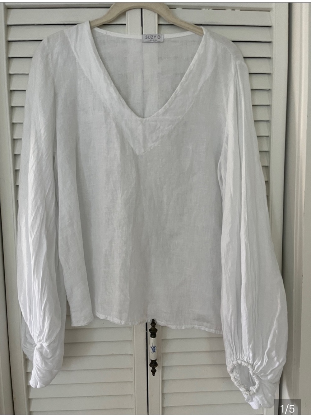 Suzy D Linen V Neck Puff Sleeve Top White Sz Large - Picture 1 of 5